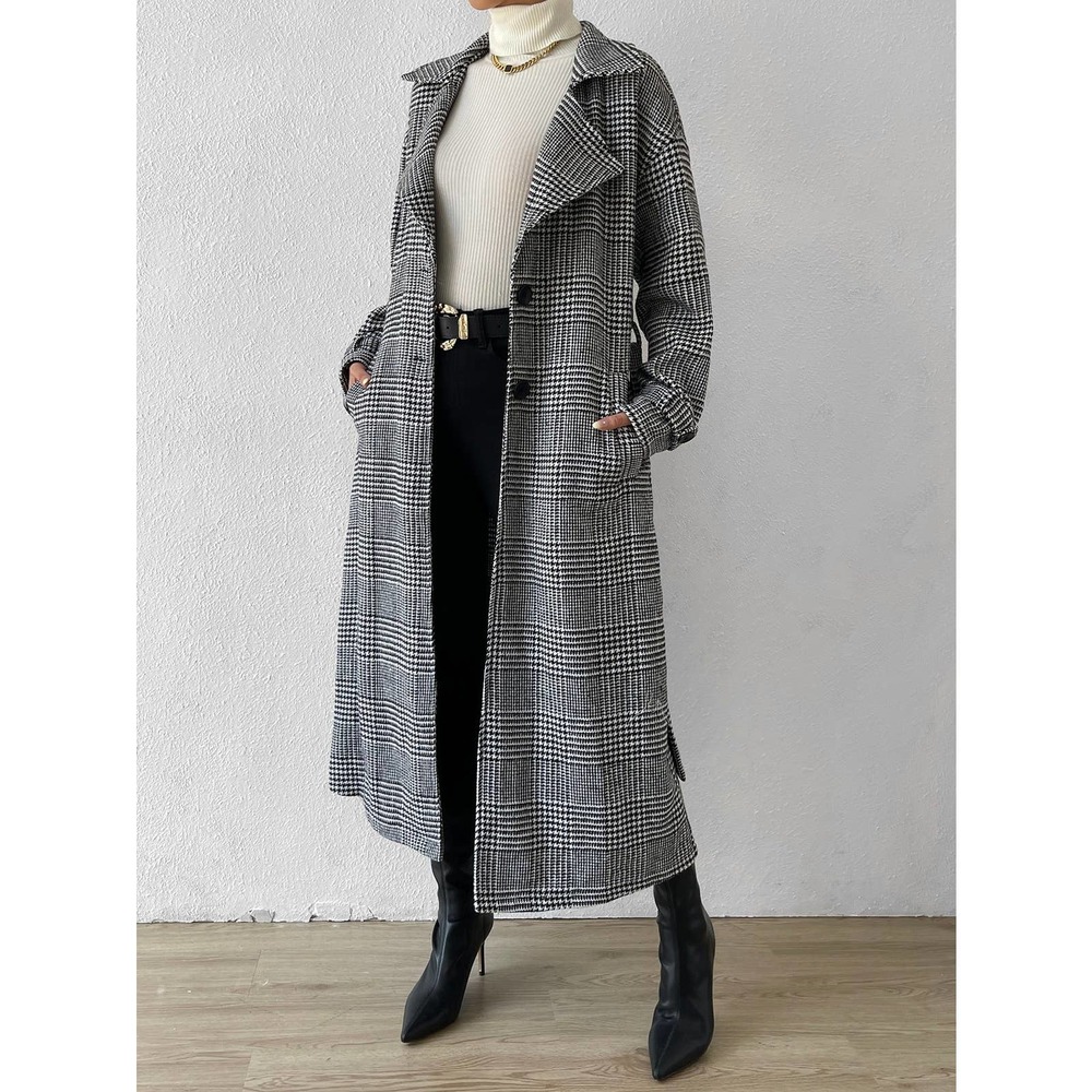 Gray black plaid long trench coat pea coat Belted Overcoat - Picture 5 of 6